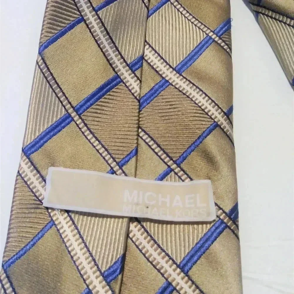 Michael Michael Kors Tan Blue Striped 100% Silk Tie‎
